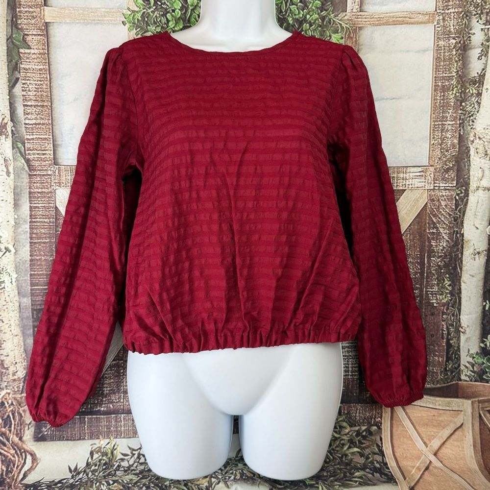 Loft striped wrap cropped v back elegant top puff sleeve casual blouse XS